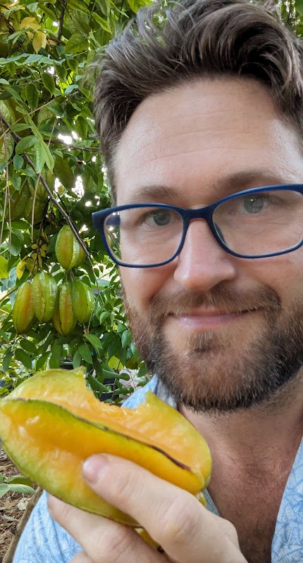 Matt in front of a Starfruit tree at Garden of the Arts