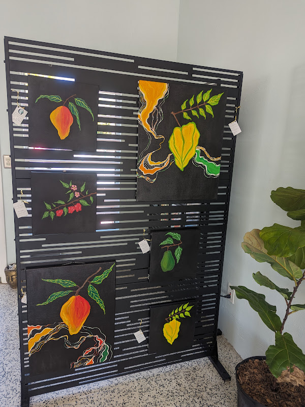 Dena Kittelson's Black Out Fruits Series on display at the Garden of the Arts shop on Dearborn St.